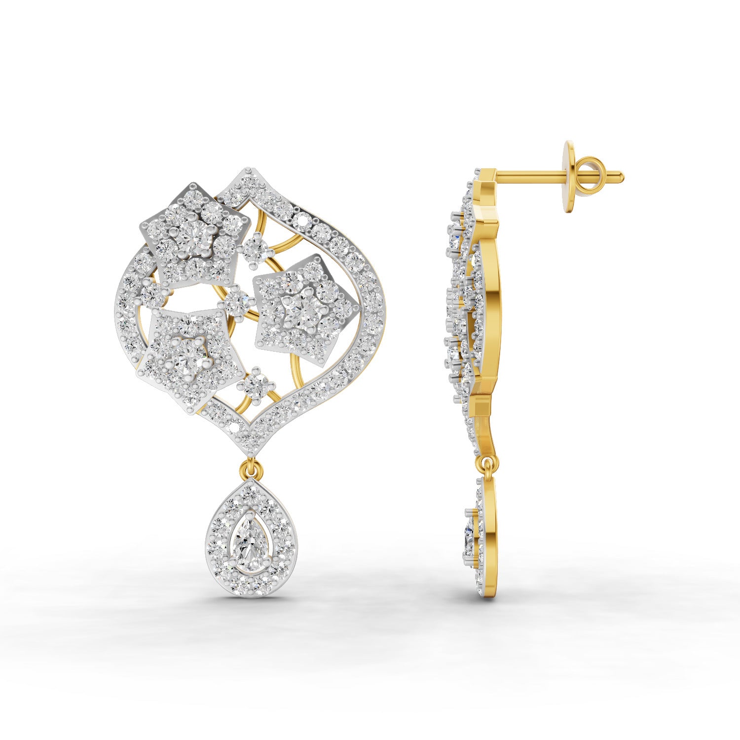 Lab Grown Diamond Earrings 2.85 Carat IGI Certified Round & Pear Shape F-G VS | 925 Sterling Silver Gold Plated Fashion Earrings