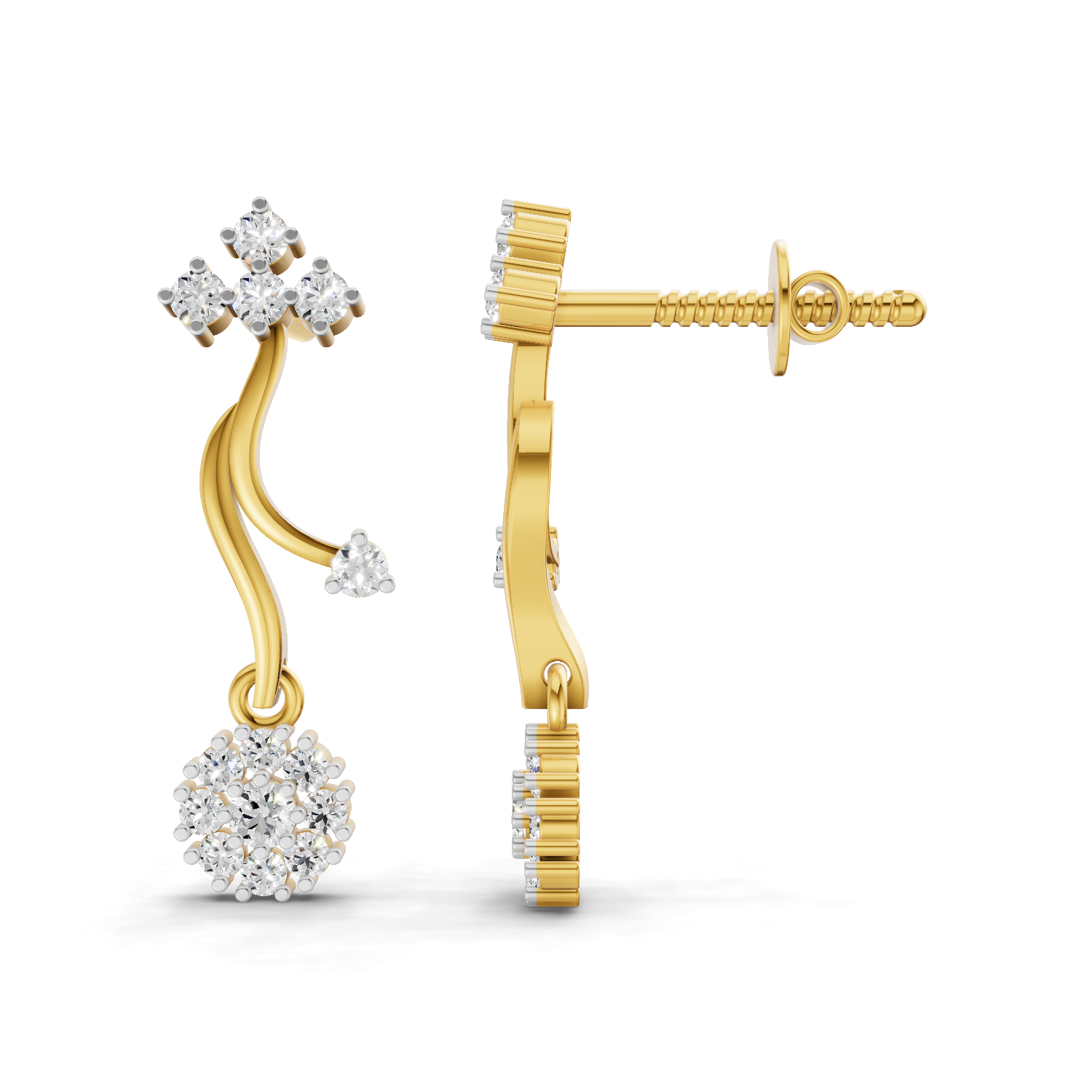 Lab Grown Diamond Earrings 0.38 Carat IGI Certified Round Shape 925 Sterling Silver Gold Plated Floral Vine Drop Stud Earrings