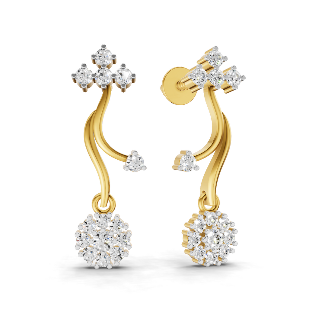 Lab Grown Diamond Earrings 0.38 Carat IGI Certified Round Shape 925 Sterling Silver Gold Plated Floral Vine Drop Stud Earrings
