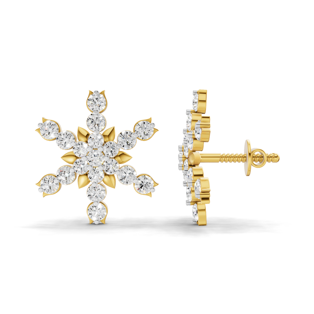 Lab Grown Diamond Earrings 0.87 Carat IGI Certified Round Shape 925 Sterling Silver Gold Plated Snowflakes Earrings