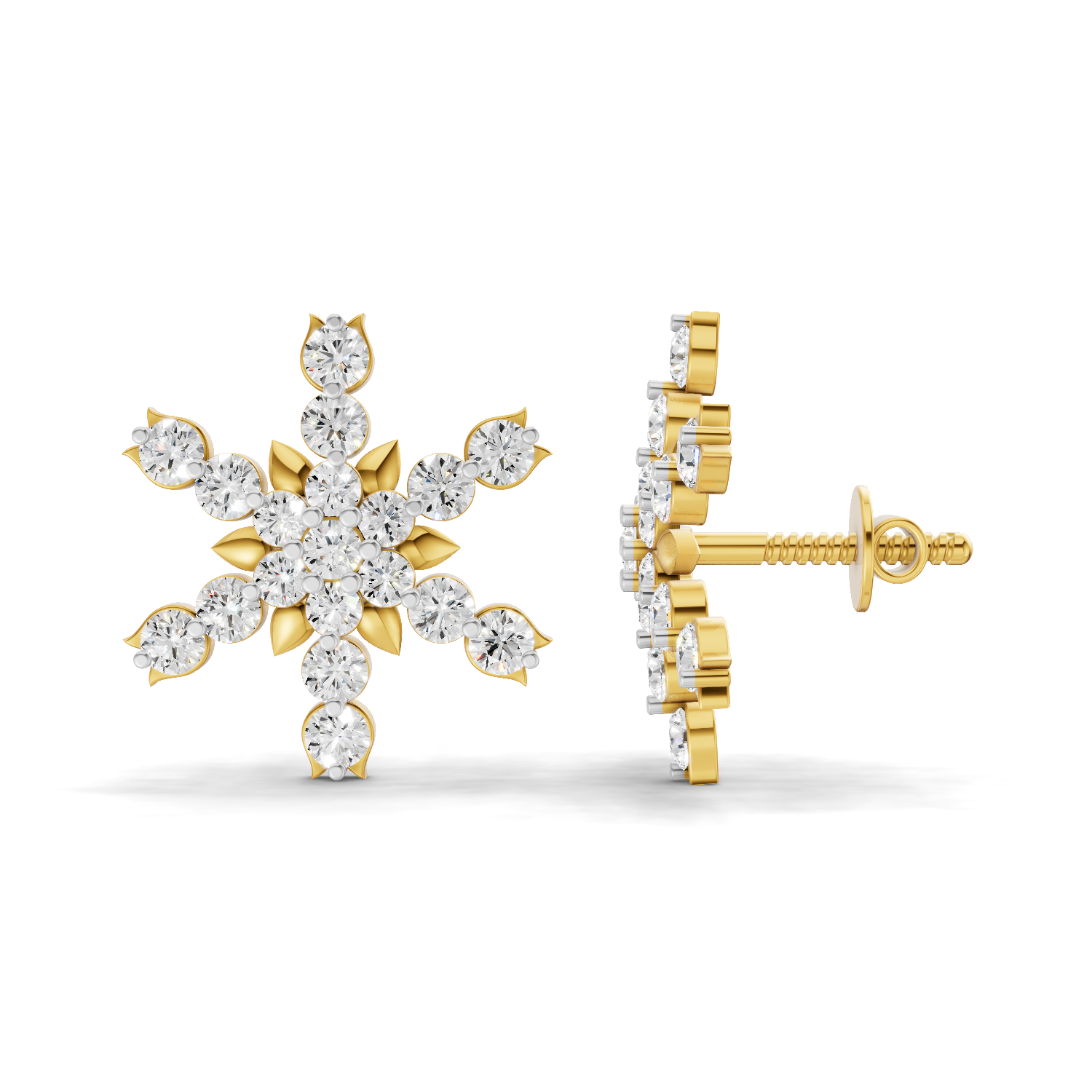 Lab Grown Diamond Earrings 0.87 Carat IGI Certified Round Shape 925 Sterling Silver Gold Plated Snowflakes Earrings