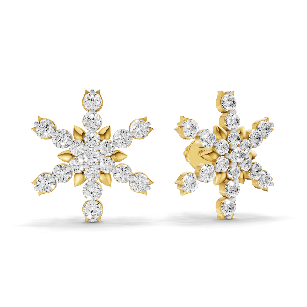 Lab Grown Diamond Earrings 0.87 Carat IGI Certified Round Shape 925 Sterling Silver Gold Plated Snowflakes Earrings