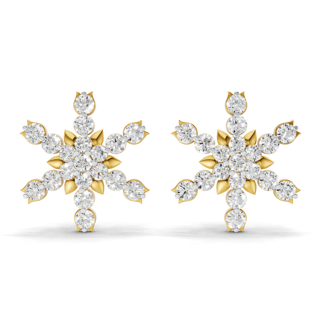 Lab Grown Diamond Earrings 0.87 Carat IGI Certified Round Shape 925 Sterling Silver Gold Plated Snowflakes Earrings