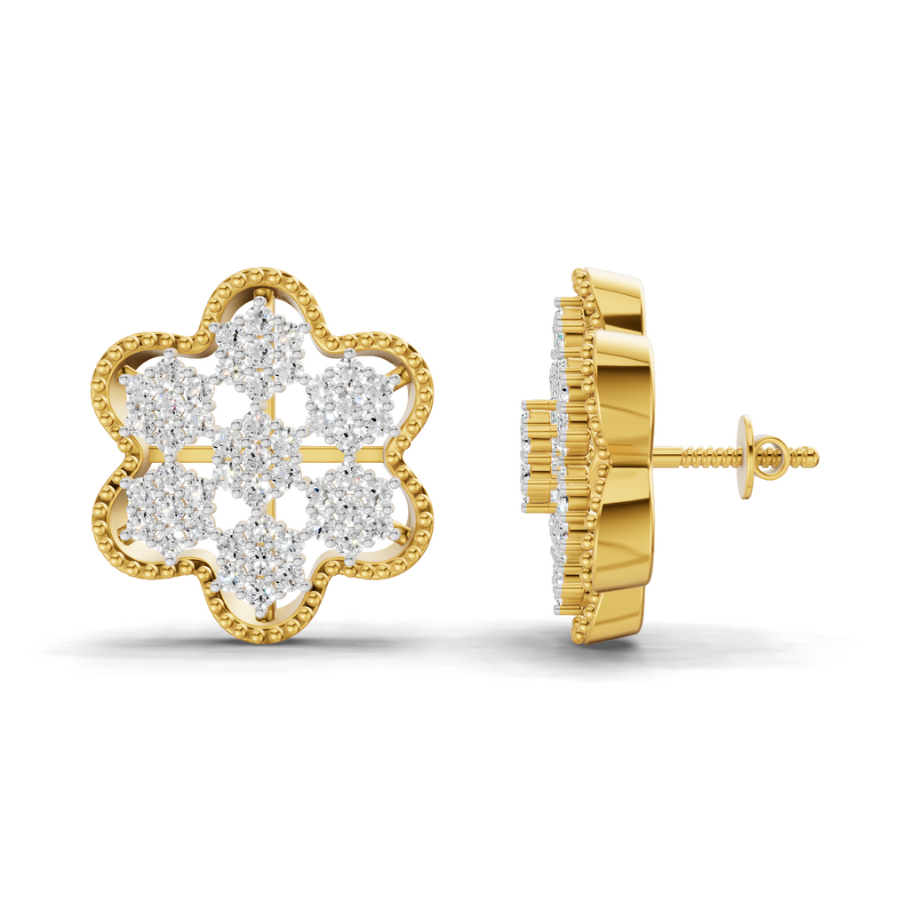 Lab Grown Diamond Earrings 0.98 Carat IGI Certified Round Shape 925 Sterling Silver Gold Plated Floral Earrings