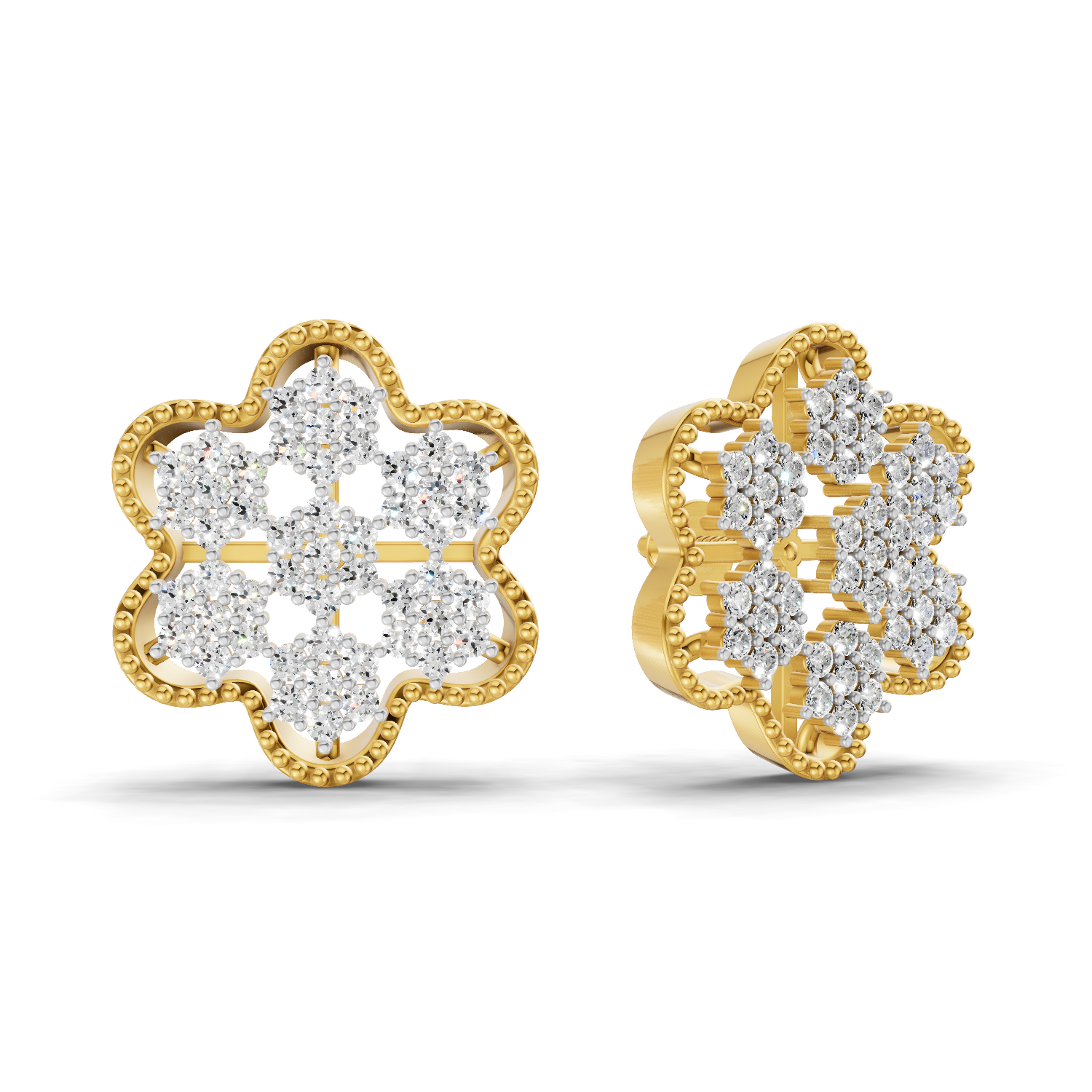 Lab Grown Diamond Earrings 0.98 Carat IGI Certified Round Shape 925 Sterling Silver Gold Plated Floral Earrings