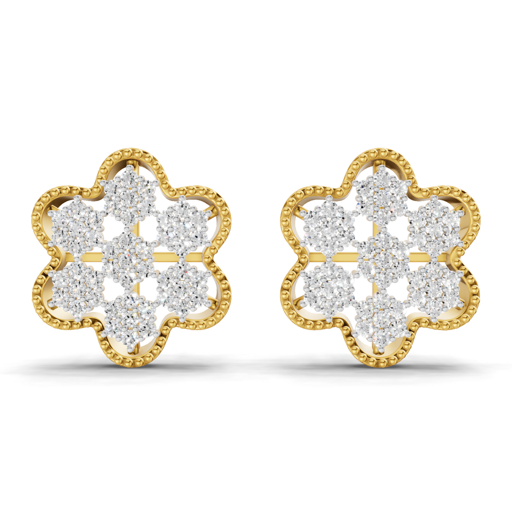 Lab Grown Diamond Earrings 0.98 Carat IGI Certified Round Shape 925 Sterling Silver Gold Plated Floral Earrings