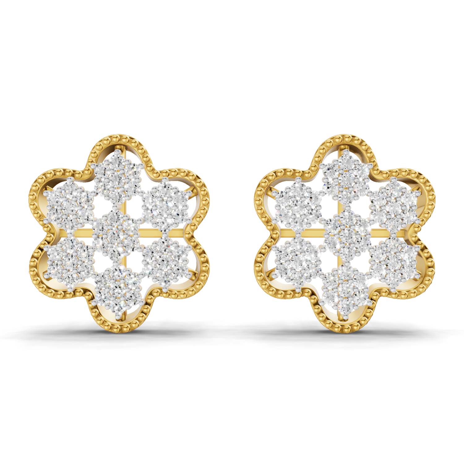 Lab Grown Diamond Earrings 0.98 Carat IGI Certified Round Shape 925 Sterling Silver Gold Plated Floral Earrings