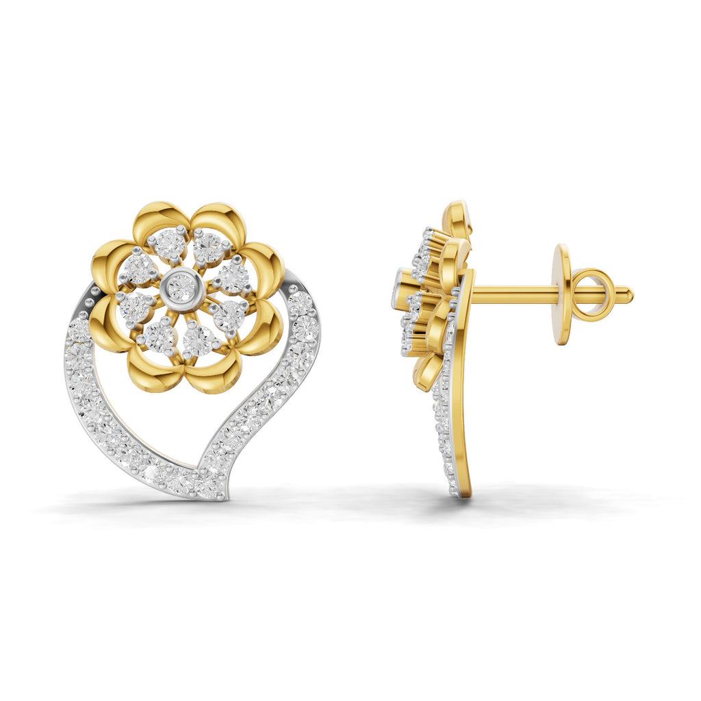 Lab Grown Diamond Earrings 0.58 Carat IGI Certified Round Shape F-G VS | 925 Sterling Silver Gold Plated Floral Heart Earrings
