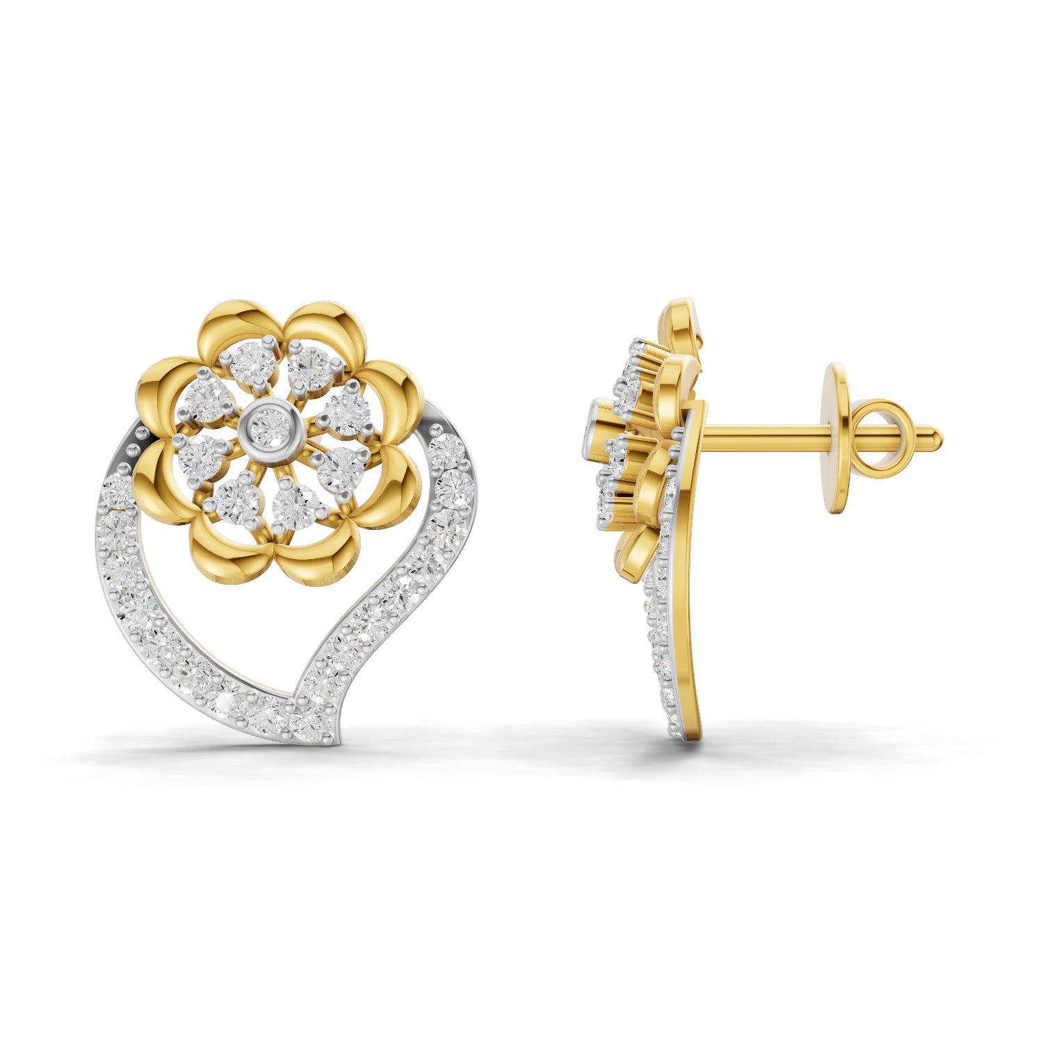 Lab Grown Diamond Earrings 0.58 Carat IGI Certified Round Shape F-G VS | 925 Sterling Silver Gold Plated Floral Heart Earrings