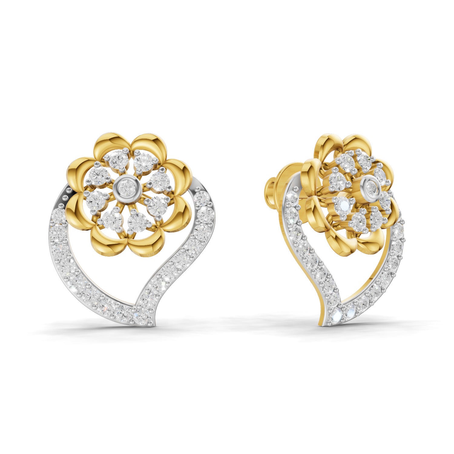 Lab Grown Diamond Earrings 0.58 Carat IGI Certified Round Shape F-G VS | 925 Sterling Silver Gold Plated Floral Heart Earrings