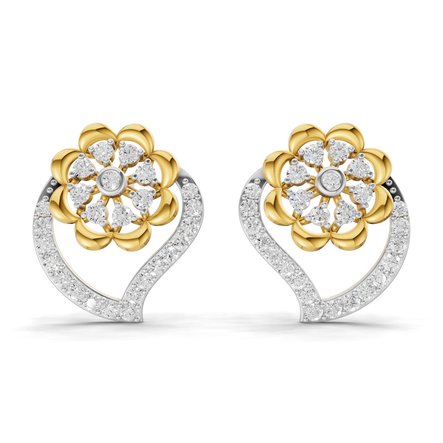 Lab Grown Diamond Earrings 0.58 Carat IGI Certified Round Shape F-G VS | 925 Sterling Silver Gold Plated Floral Heart Earrings
