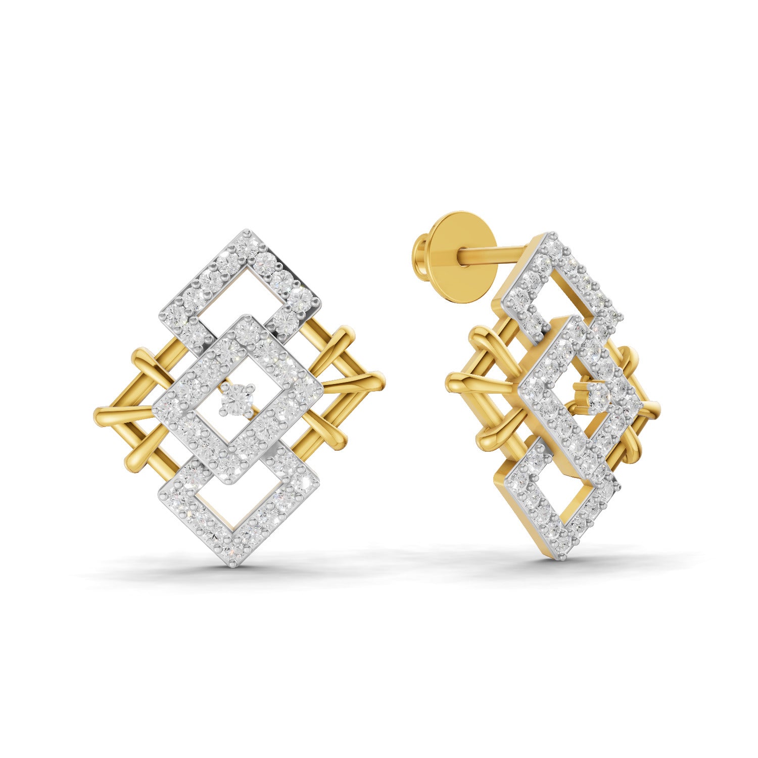 Lab Grown Diamond Earrings 0.64 Carat IGI Certified Round Shape F-G VS | 925 Sterling Silver Gold Plated Square Shaped Earrings