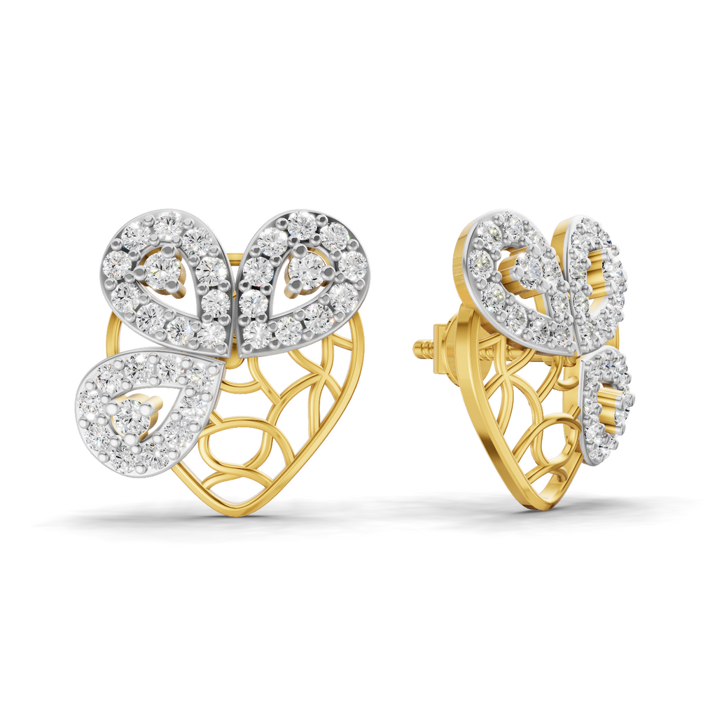 Lab Grown Diamond Earrings 0.77 Carat IGI Certified Round Shape 925 Sterling Silver Gold Plated Heart Butterfly Gold Stud Earrings