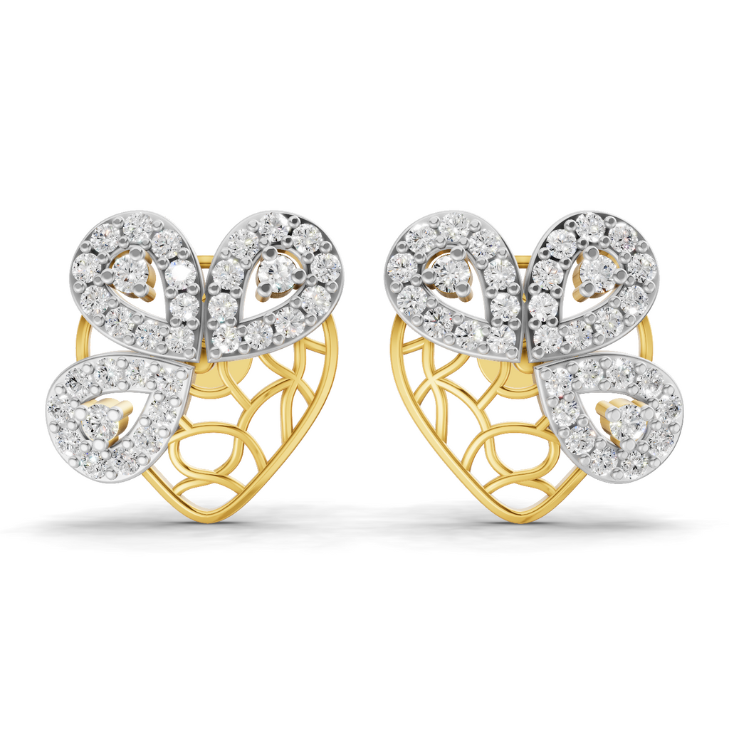 Lab Grown Diamond Earrings 0.77 Carat IGI Certified Round Shape 925 Sterling Silver Gold Plated Heart Butterfly Gold Stud Earrings