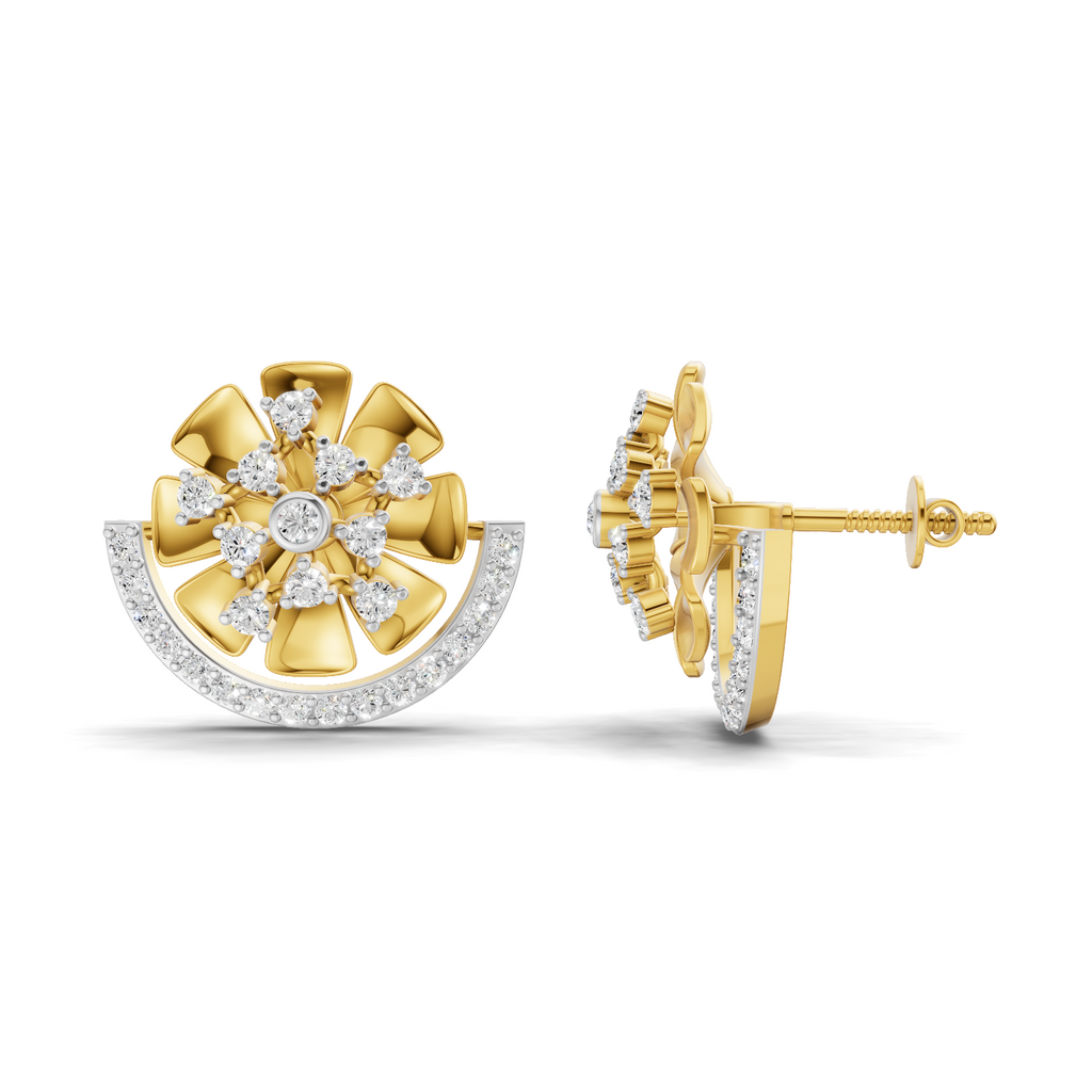 Lab Grown Diamond Earrings 0.69 Carat IGI Certified Round Shape F-G VS Quality| 925 Sterling Silver Gold Plated Semi Circle Diamond Stud Earrings