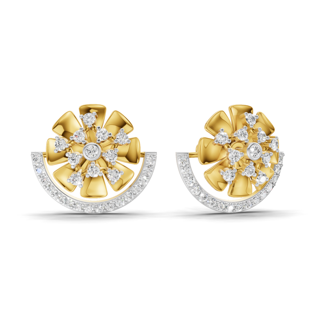 Lab Grown Diamond Earrings 0.69 Carat IGI Certified Round Shape F-G VS Quality| 925 Sterling Silver Gold Plated Semi Circle Diamond Stud Earrings