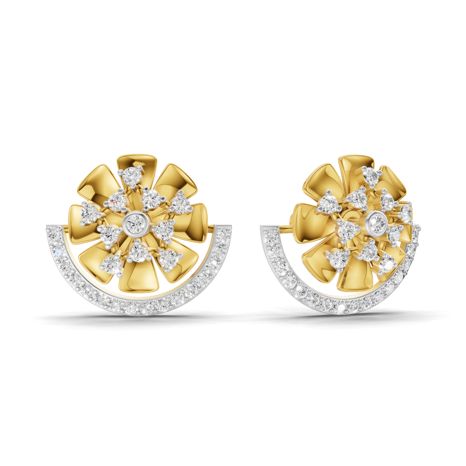 Lab Grown Diamond Earrings 0.69 Carat IGI Certified Round Shape F-G VS Quality| 925 Sterling Silver Gold Plated Semi Circle Diamond Stud Earrings