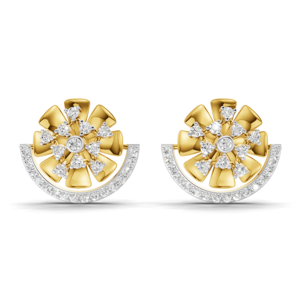 Lab Grown Diamond Earrings 0.69 Carat IGI Certified Round Shape F-G VS Quality| 925 Sterling Silver Gold Plated Semi Circle Diamond Stud Earrings