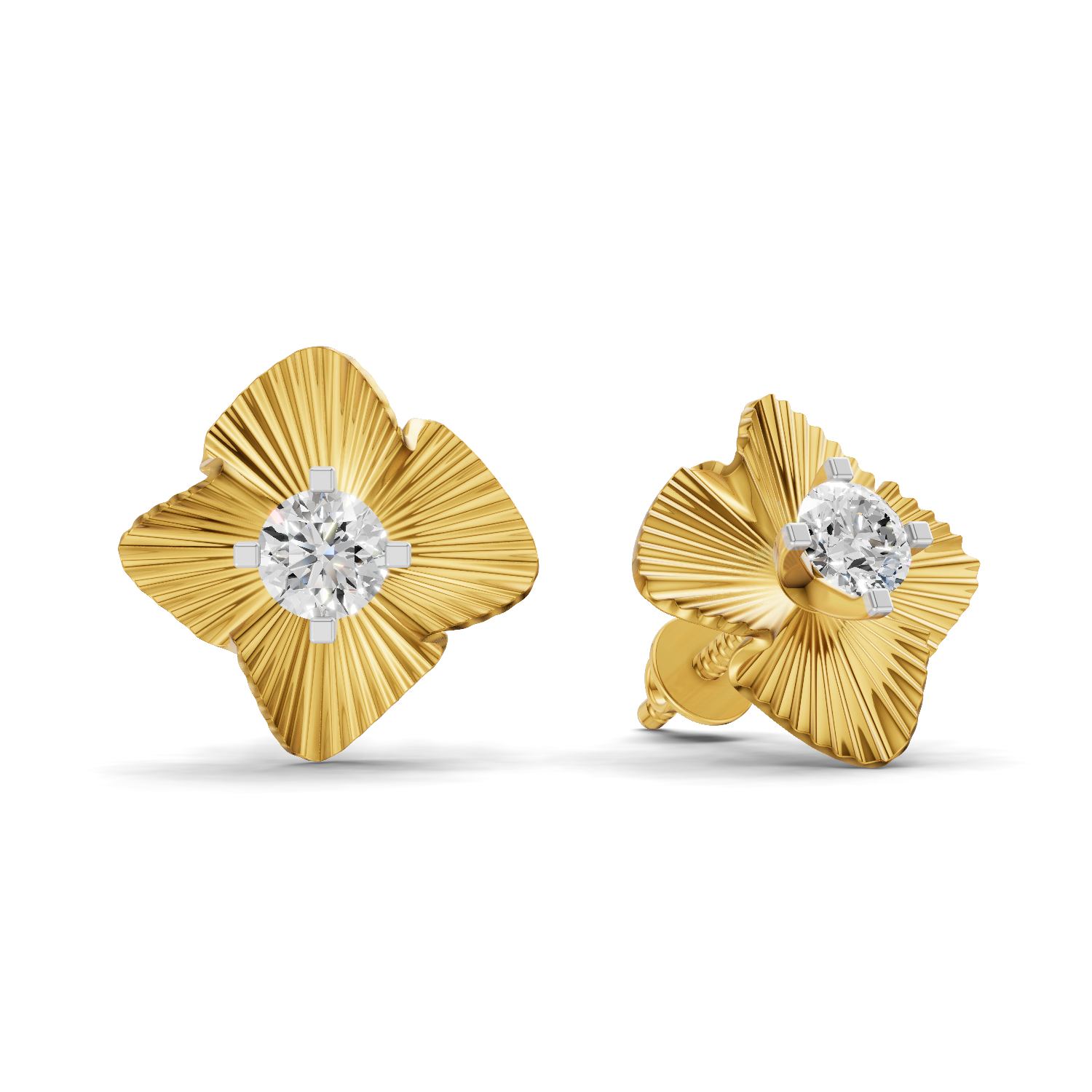 Lab Grown Diamond Earrings 0.49 Carat IGI Certified Round Shape 925 Sterling Silver Gold Plated Textured Sunburst Stud Earrings
