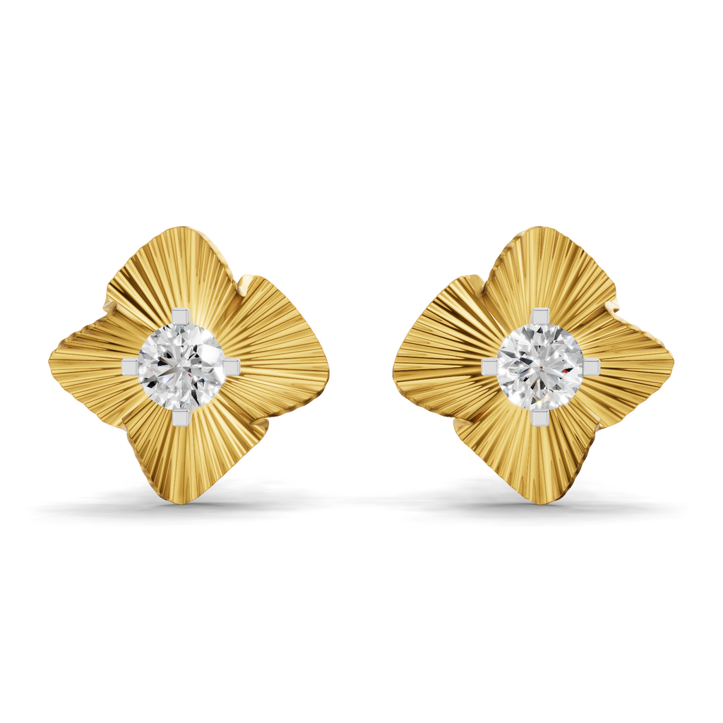 Lab Grown Diamond Earrings 0.49 Carat IGI Certified Round Shape 925 Sterling Silver Gold Plated Textured Sunburst Stud Earrings