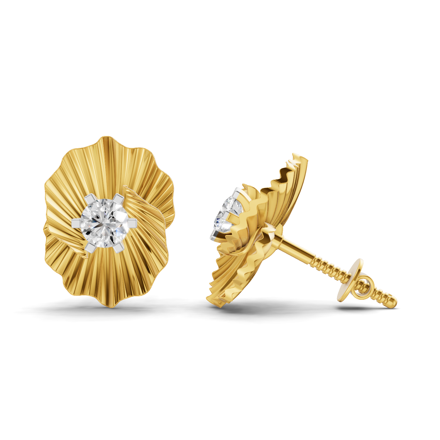 Lab Grown Diamond Earrings 0.49 Carat IGI Certified Round Shape F-G VS Quality| 925 Sterling Silver Gold Plated Ruffled Gold Diamond Stud Earrings
