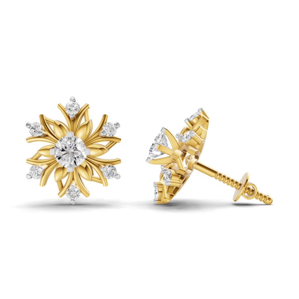 Lab Grown Diamond Earrings 0.66 Carat IGI Certified Round Shape 925 Sterling Silver Gold Plated Floral Grace Stud Earrings