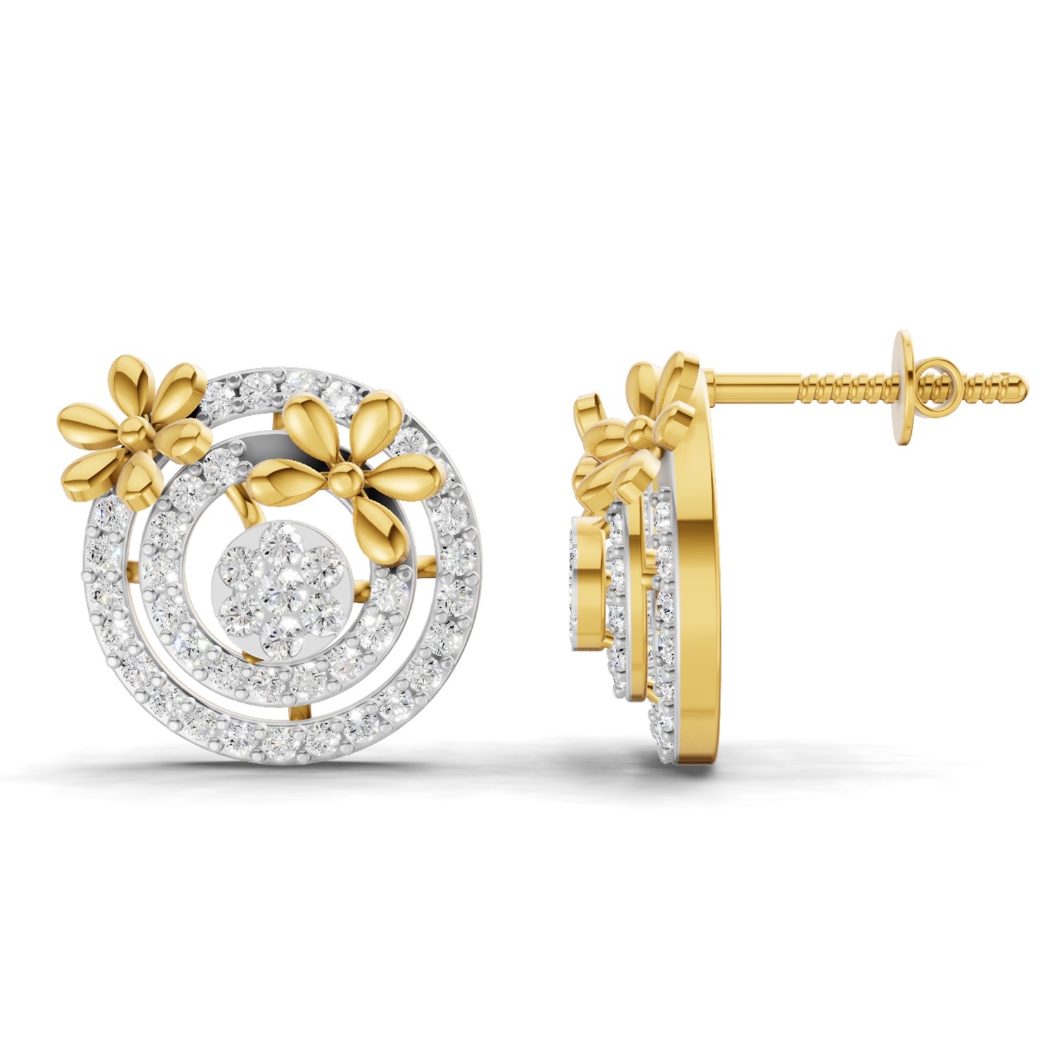 Lab Grown Diamond Earrings 1.04 Carat IGI Certified Round Shape F-G VS Quality | 925 Sterling Silver Gold Plated Floral and Circle Diamond Earrings