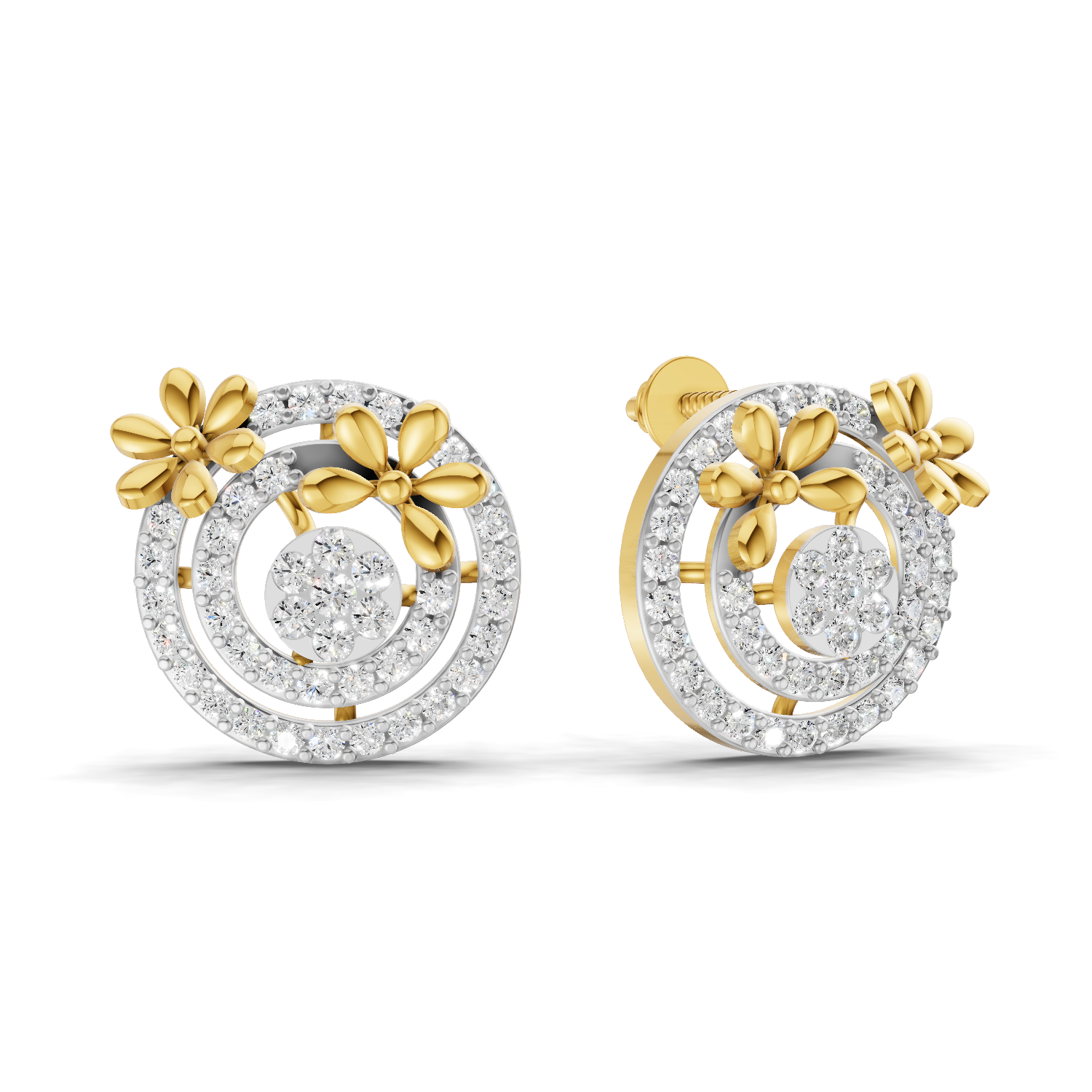 Lab Grown Diamond Earrings 1.04 Carat IGI Certified Round Shape F-G VS Quality | 925 Sterling Silver Gold Plated Floral and Circle Diamond Earrings