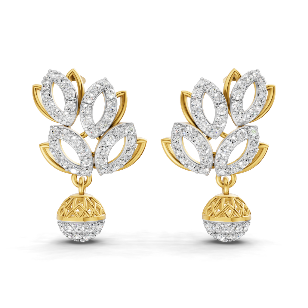 Lab Grown Diamond Earrings 1.62 Carat IGI Certified Round Shape 925 Sterling Silver Gold Plated Leaf and Ball Earrings