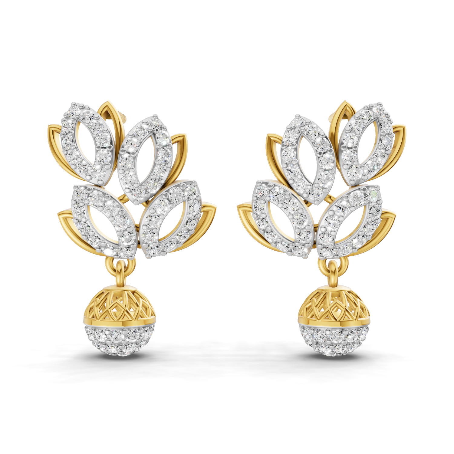 Lab Grown Diamond Earrings 1.62 Carat IGI Certified Round Shape 925 Sterling Silver Gold Plated Leaf and Ball Earrings