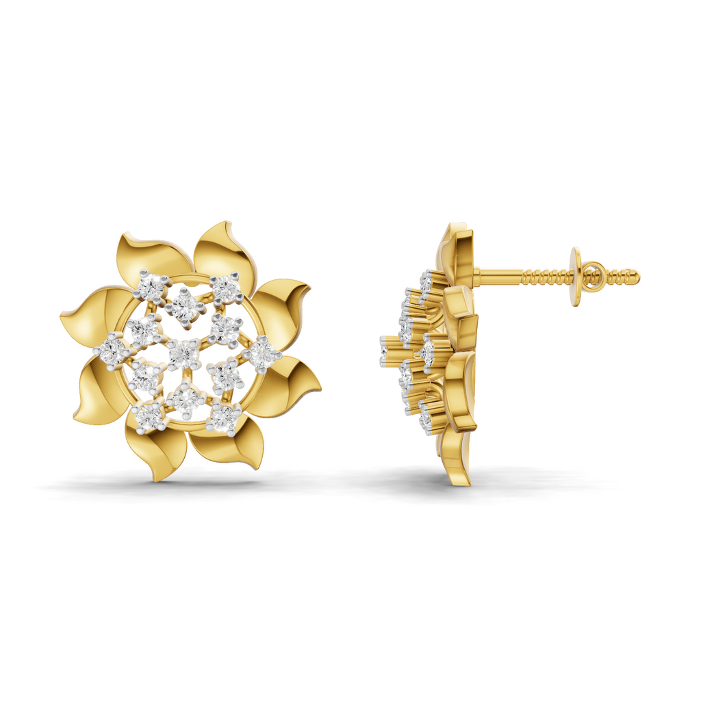 Lab Grown Diamond Earrings 0.36 Carat IGI Certified Round Shape F-G VS Quality| 925 Sterling Silver Gold Plated Diamond Petal Bloom Delight Earrings