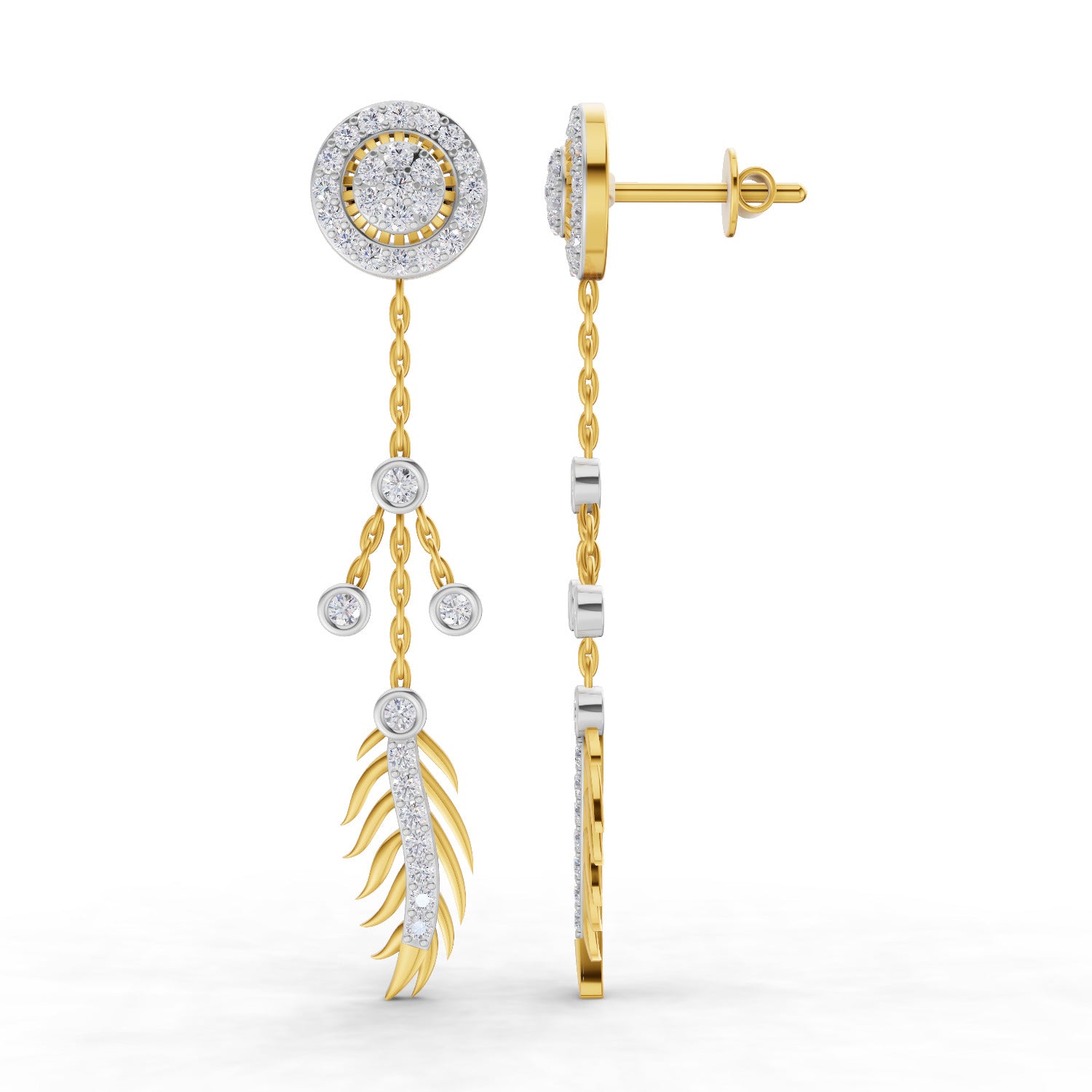 Lab Grown Diamond Earrings 0.82 Carat IGI Certified Round Shape F-G VS | 925 Sterling Silver Yellow Gold Plated Dream Catcher Earrings