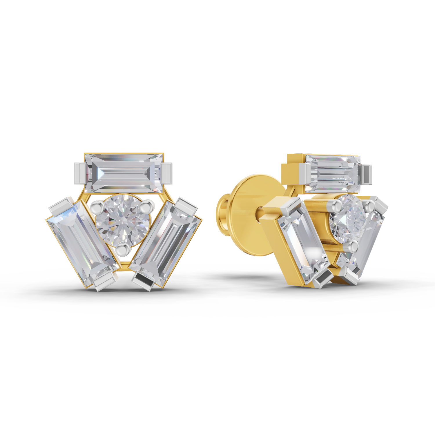 Lab Grown Diamond Earrings 0.67 Carat IGI Certified Round & Baguette Shape F-G VS | 925 Sterling Silver Yellow Gold Plated Fashion Earrings