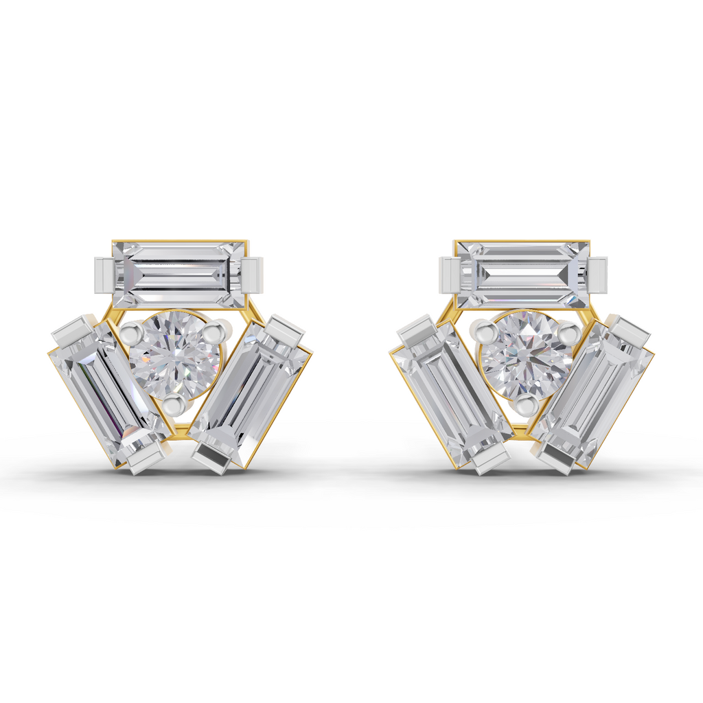 Lab Grown Diamond Earrings 0.67 Carat IGI Certified Round & Baguette Shape F-G VS | 925 Sterling Silver Yellow Gold Plated Fashion Earrings