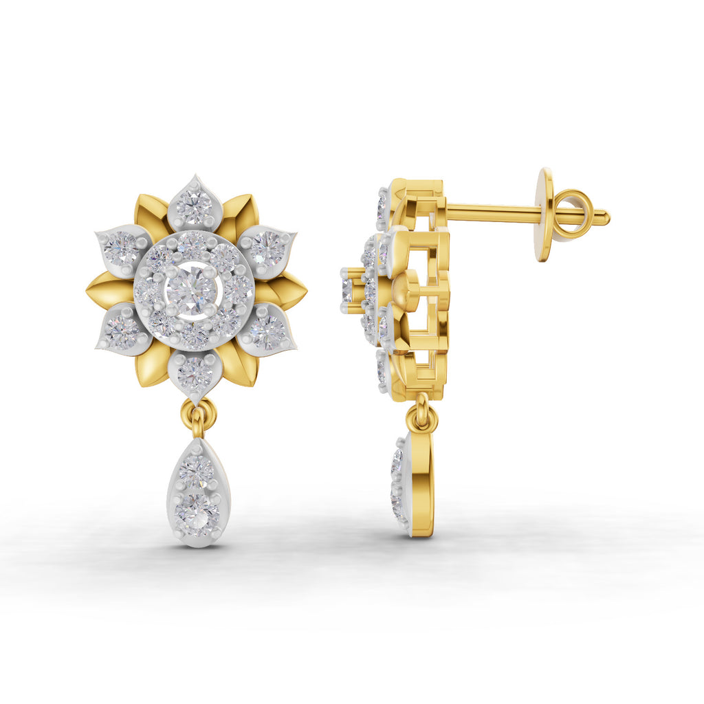 Lab Grown Diamond Earrings 0.92 Carat IGI Certified Round Shape F-G VS | 925 Sterling Silver Yellow Gold Plated Lotus Earrings