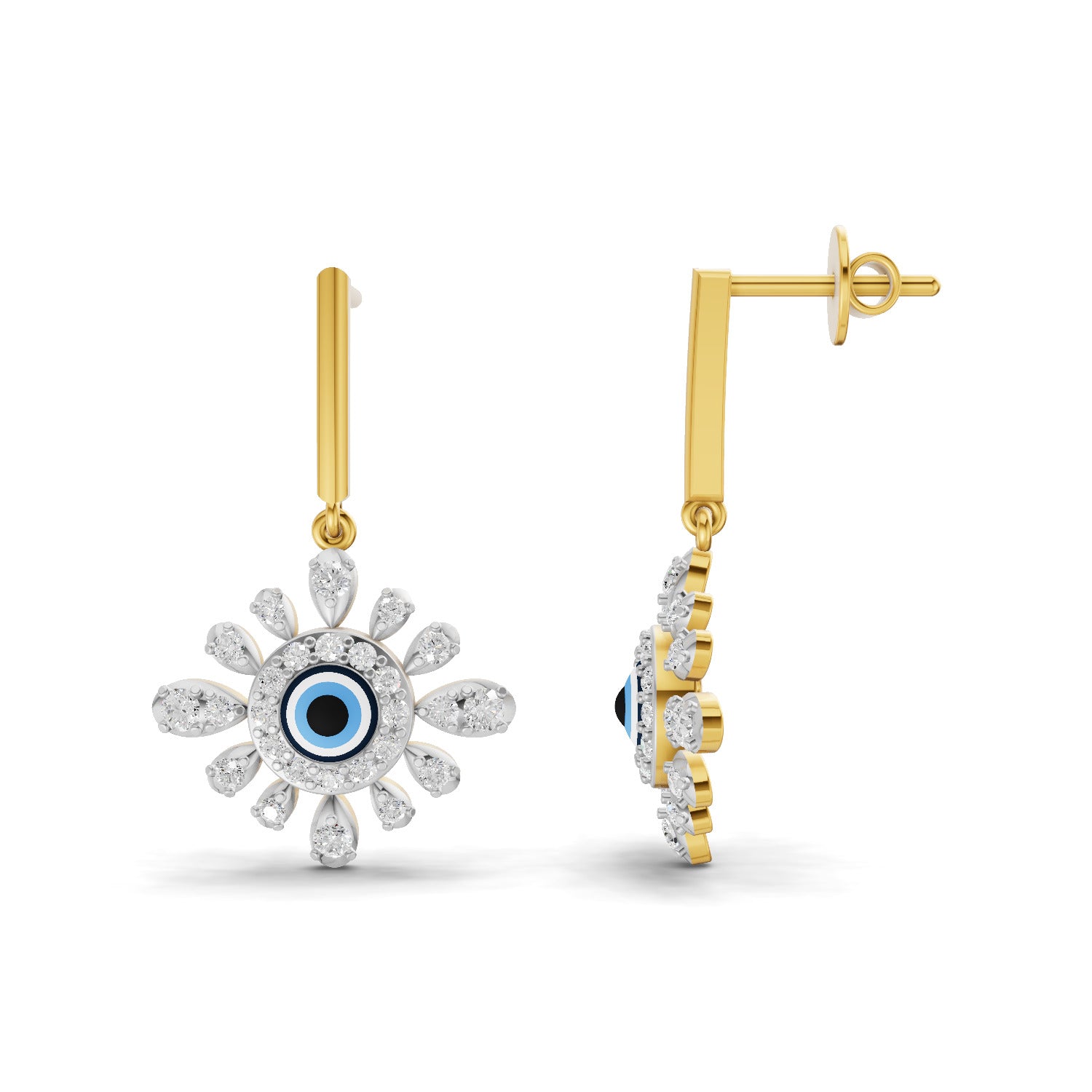 Lab Grown Diamond Earrings 0.77 Carat IGI Certified Round Shape F-G VS | 925 Sterling Silver Yellow Gold Plated Evil Eye Earrings