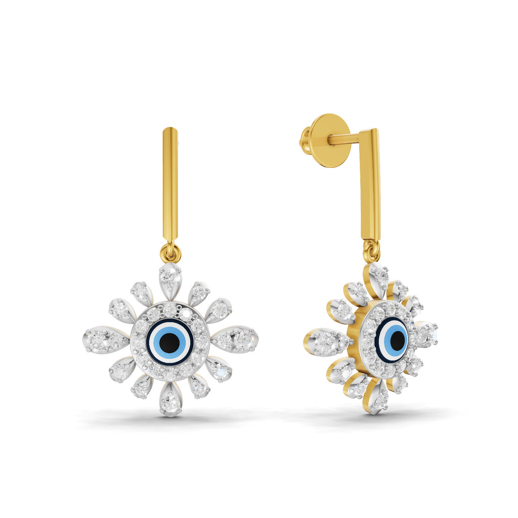 Lab Grown Diamond Earrings 0.77 Carat IGI Certified Round Shape F-G VS | 925 Sterling Silver Yellow Gold Plated Evil Eye Earrings