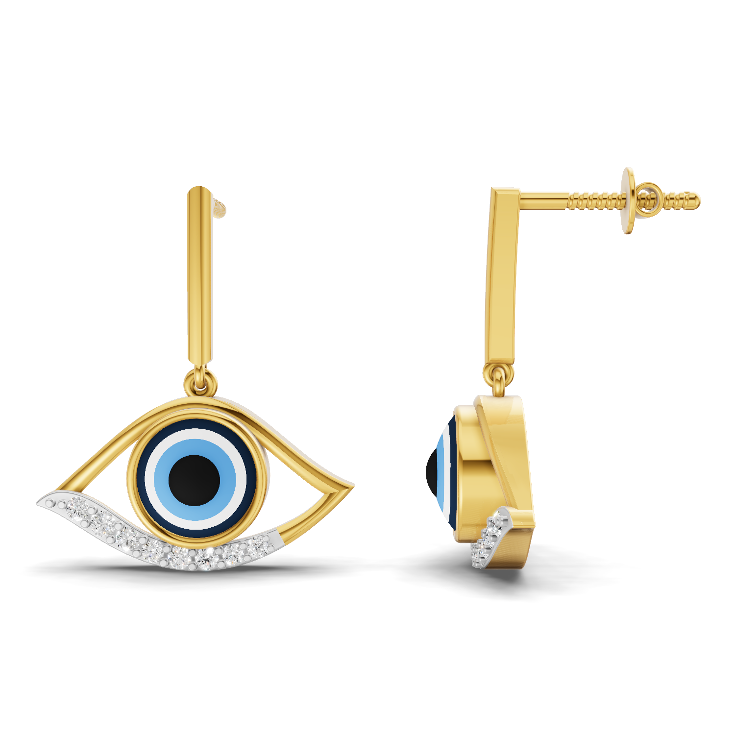 Lab Grown Diamond Earrings 0.2 Carat IGI Certified Round Shape F-G VS | 925 Sterling Silver Yellow Gold Plated Evil Eye Earrings