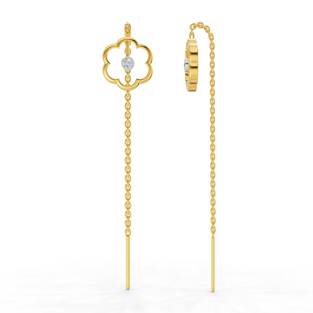 Lab Grown Diamond Earrings 0.1 Carat IGI Certified Round Shape 925 Sterling Silver Yellow Gold Plated Flora Shine Threader Earrings