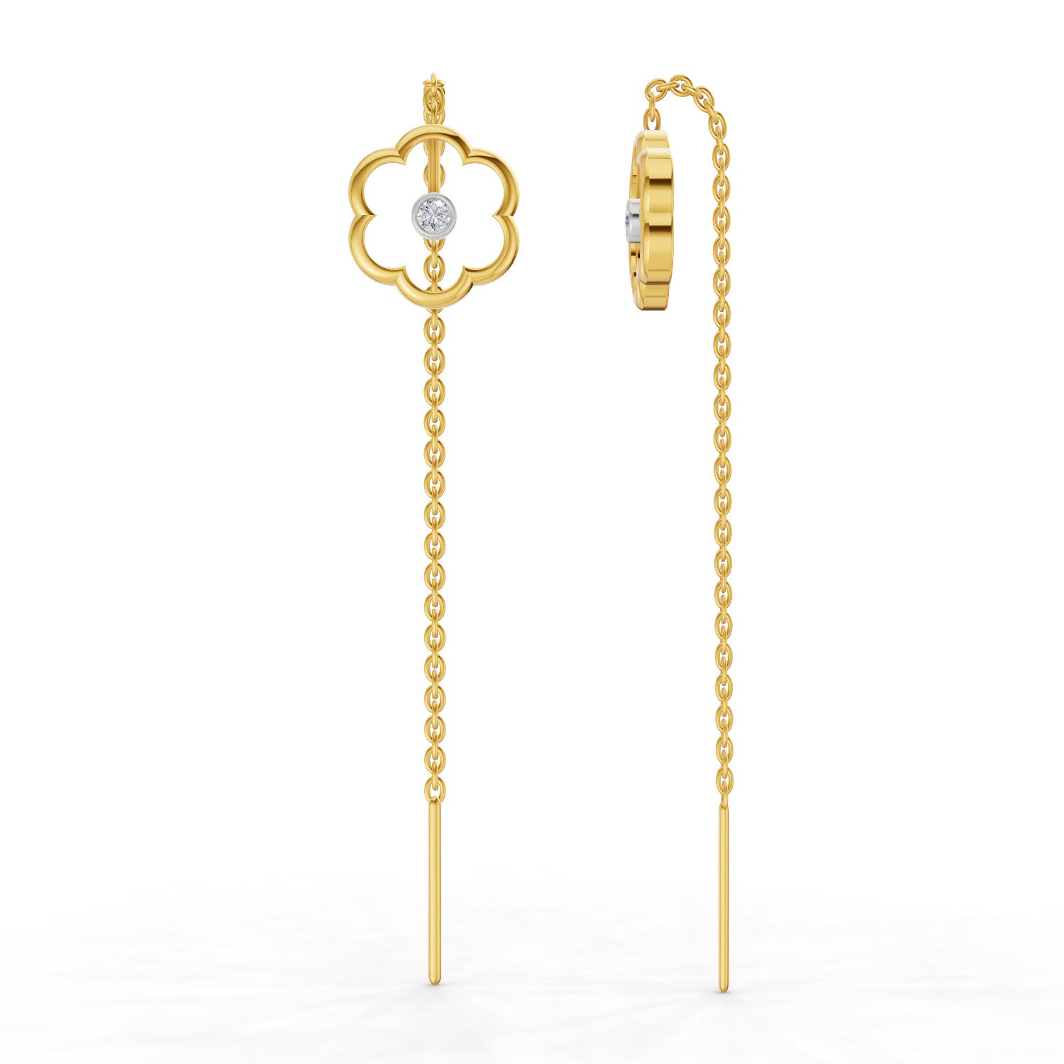 Lab Grown Diamond Earrings 0.1 Carat IGI Certified Round Shape 925 Sterling Silver Yellow Gold Plated Flora Shine Threader Earrings