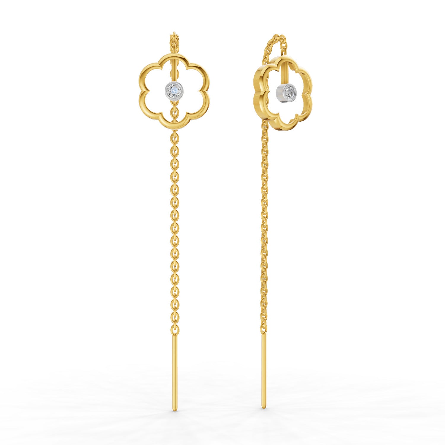 Lab Grown Diamond Earrings 0.1 Carat IGI Certified Round Shape 925 Sterling Silver Yellow Gold Plated Flora Shine Threader Earrings