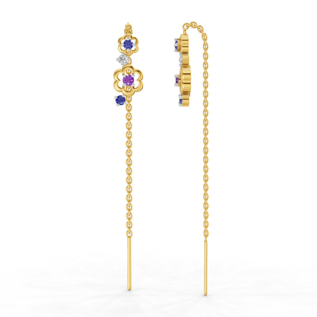 Lab Grown Diamond Earrings 0.09 Carat Round Shape 925 Sterling Silver Yellow Gold Plated Floral Threader Earrings