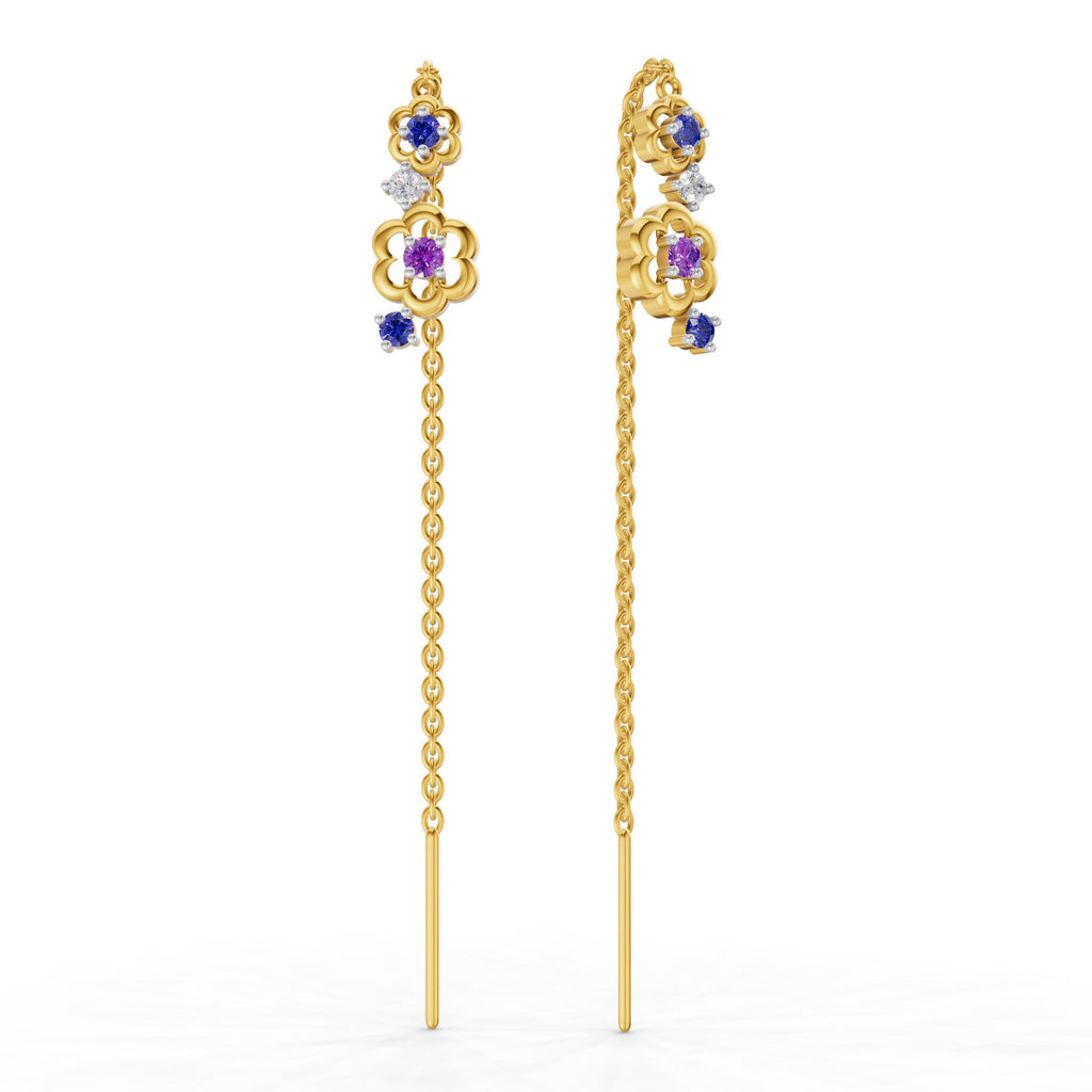 Lab Grown Diamond Earrings 0.09 Carat Round Shape 925 Sterling Silver Yellow Gold Plated Floral Threader Earrings