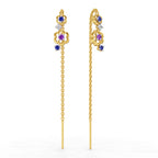 Lab Grown Diamond Earrings 0.09 Carat Round Shape 925 Sterling Silver Yellow Gold Plated Floral Threader Earrings