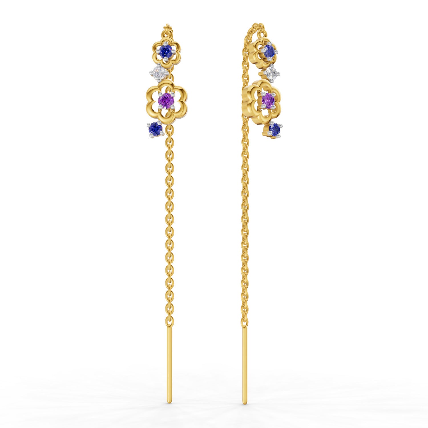 Lab Grown Diamond Earrings 0.09 Carat Round Shape 925 Sterling Silver Yellow Gold Plated Floral Threader Earrings