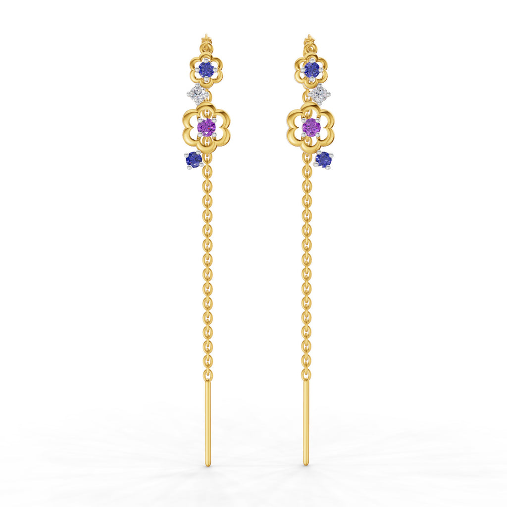 Lab Grown Diamond Earrings 0.09 Carat Round Shape 925 Sterling Silver Yellow Gold Plated Floral Threader Earrings