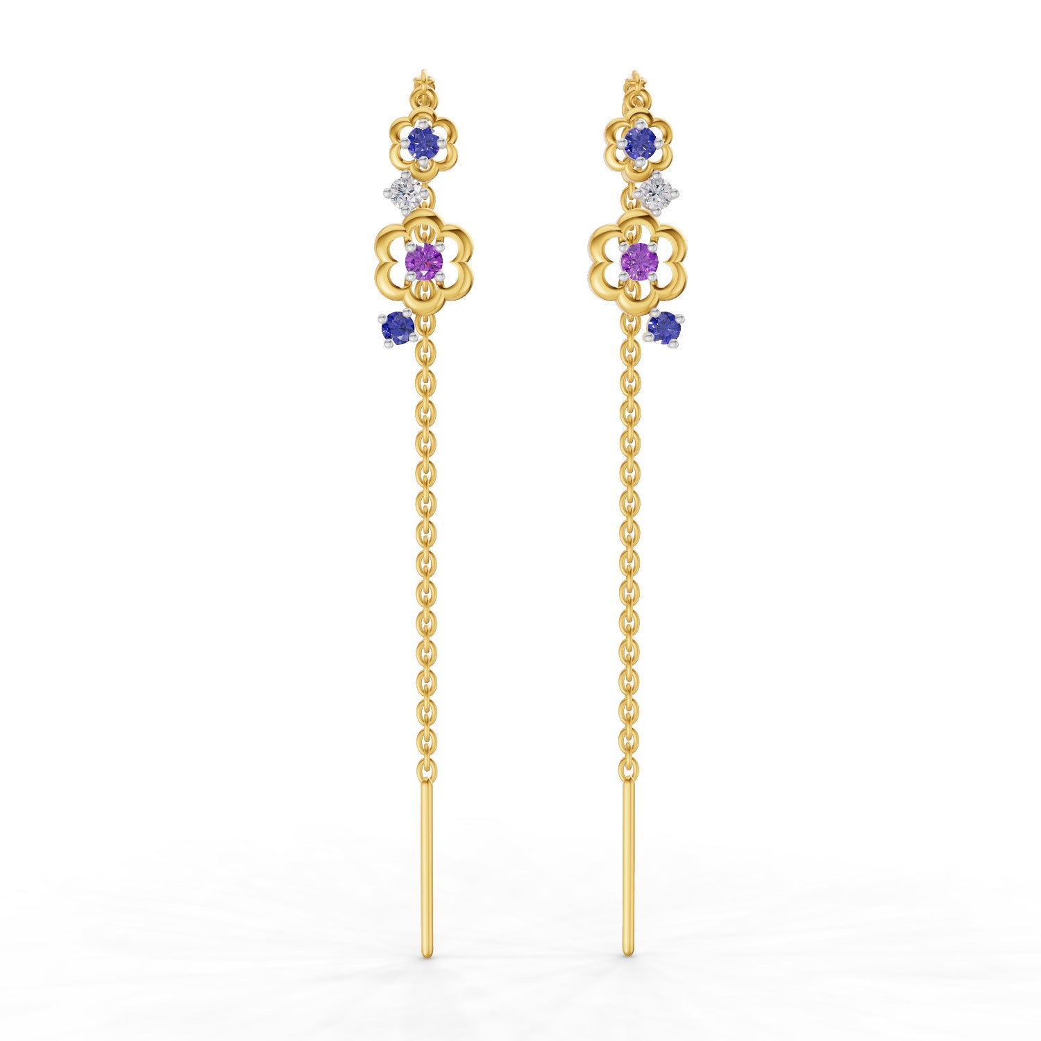 Lab Grown Diamond Earrings 0.09 Carat Round Shape 925 Sterling Silver Yellow Gold Plated Floral Threader Earrings