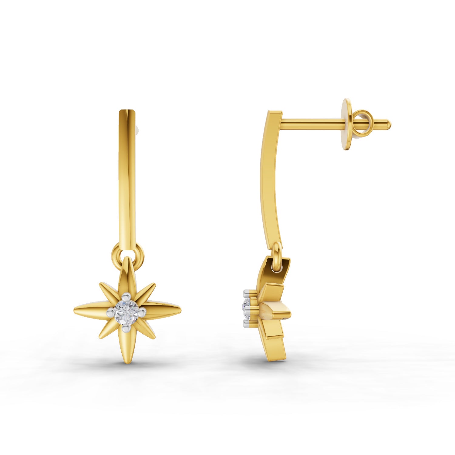 Lab Grown Diamond Earrings 0.07 Carat Round Shape 925 Sterling Silver Yellow Gold Plated Star Earrings