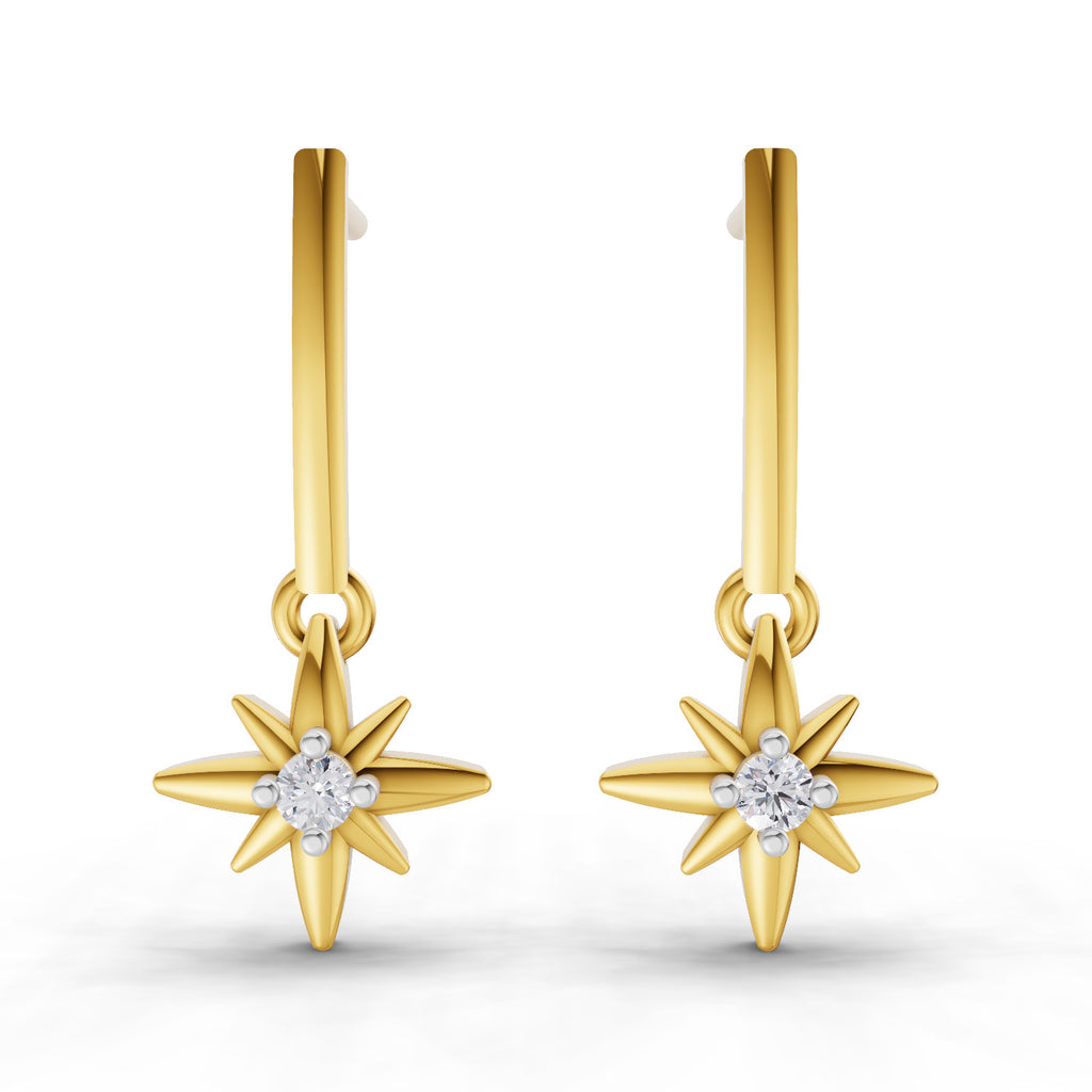 Lab Grown Diamond Earrings 0.07 Carat Round Shape 925 Sterling Silver Yellow Gold Plated Star Earrings