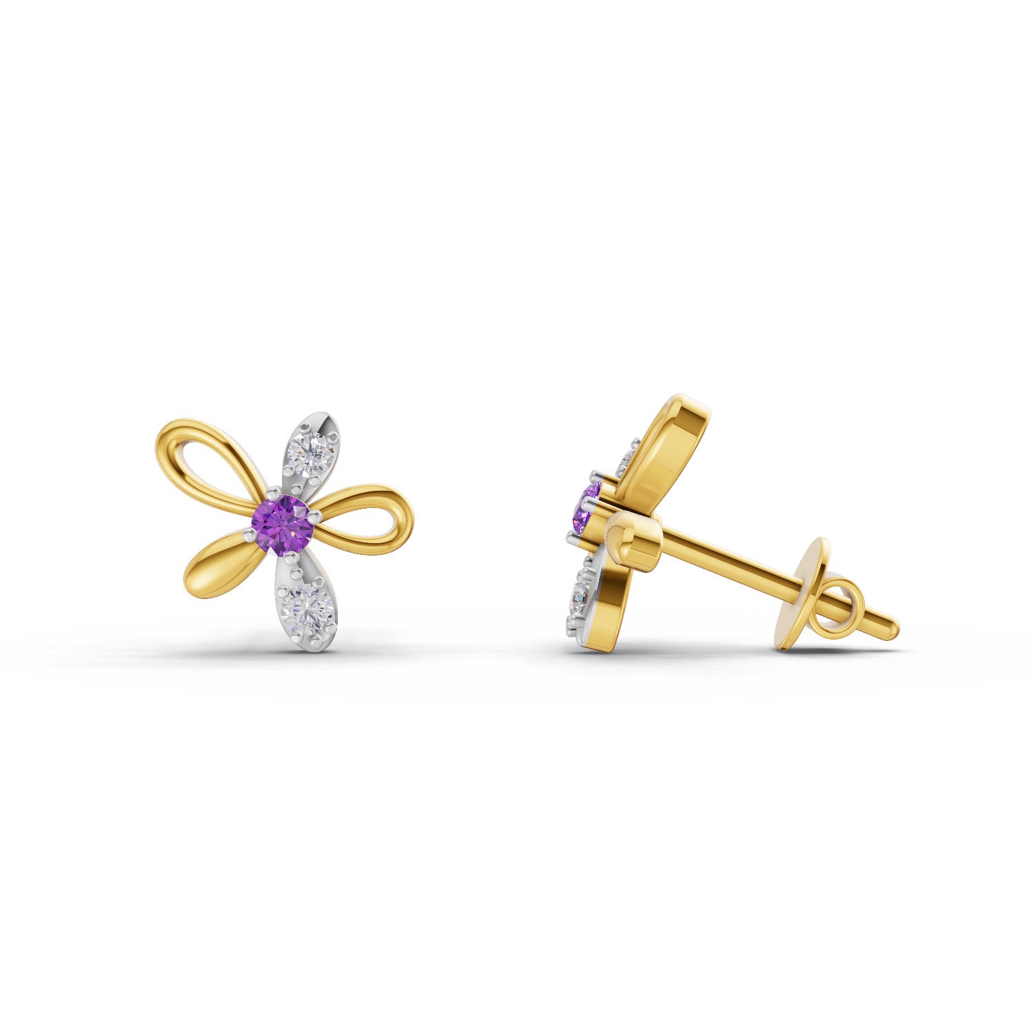 Lab Grown Diamond Earrings 0.05 Carat Round Shape 925 Sterling Silver Yellow Gold Plated Floral Earrings